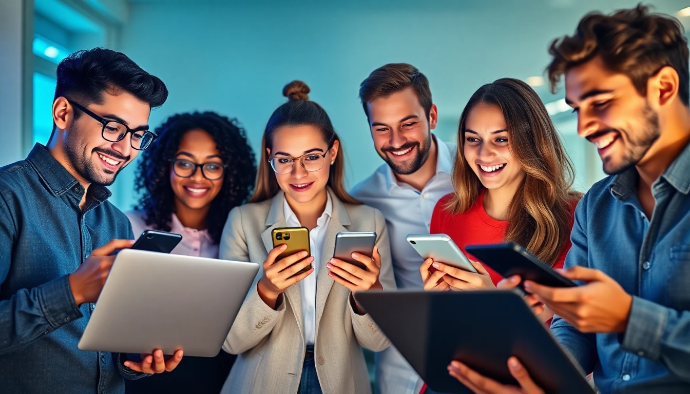 Diverse junge Menschen mit Smartphones und Laptops, fröhliche Atmosphäre, moderne Ästhetik