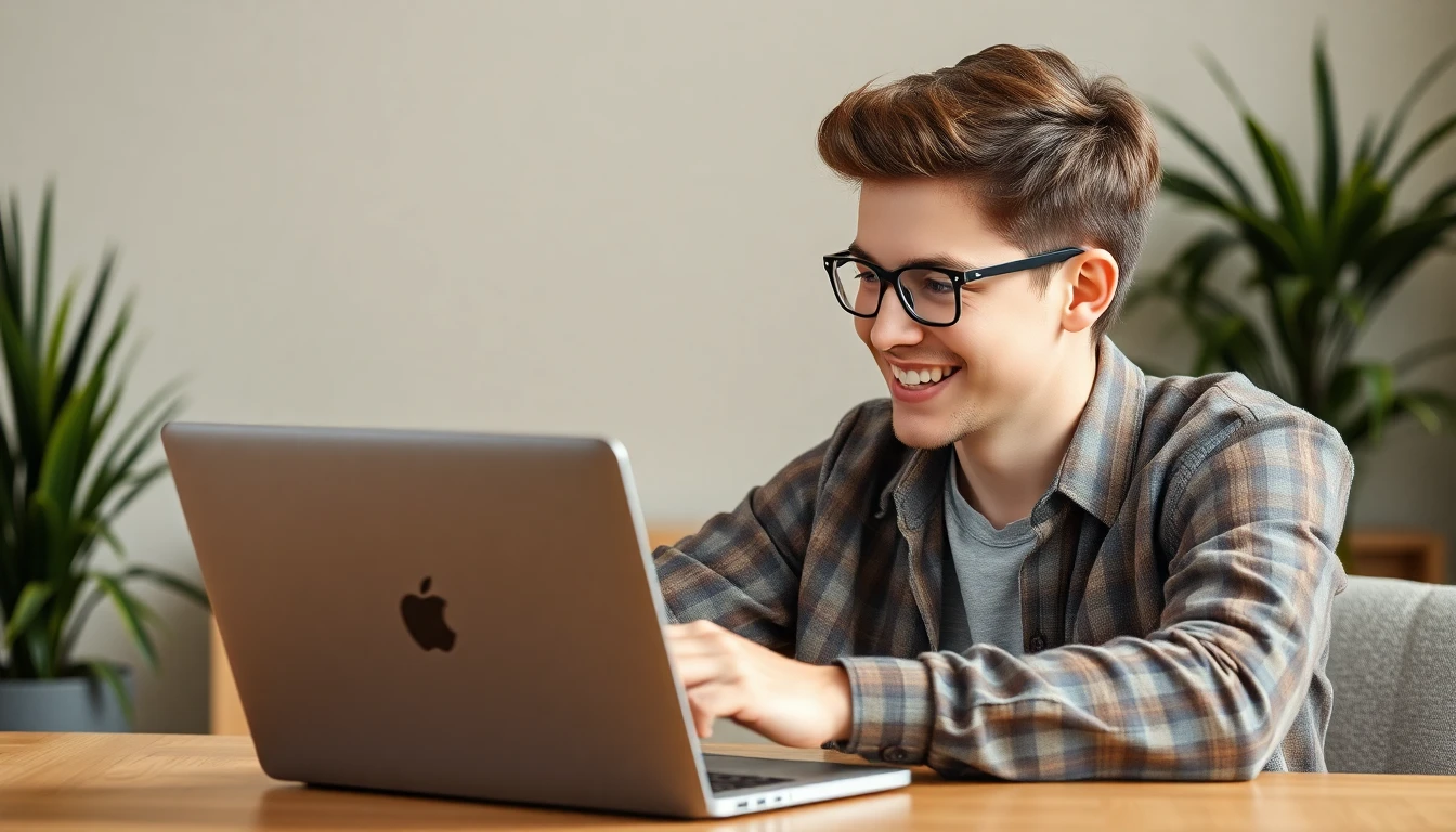 Junger Erwachsener freut sich am Laptop, erstes Gehalt, positive Vibes